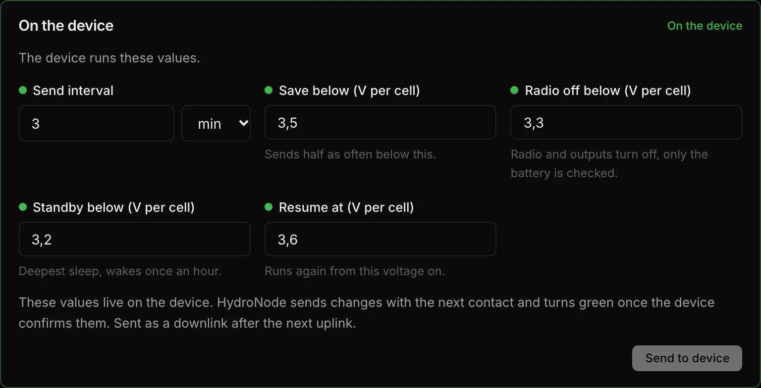 The On the device box with the send interval and four thresholds in volts per cell