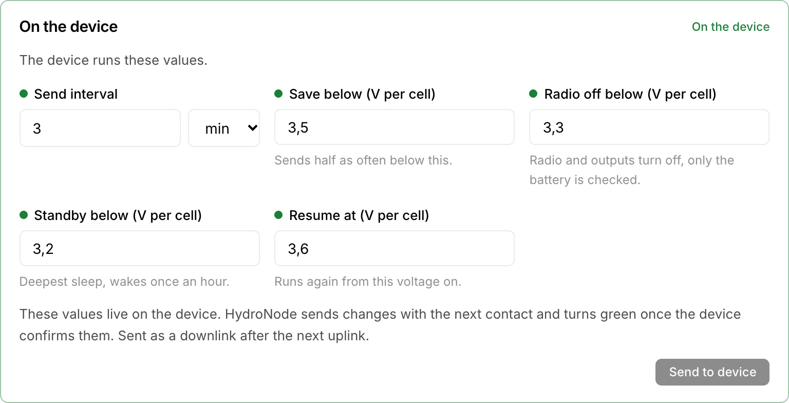 The On the device box with the send interval and four thresholds in volts per cell