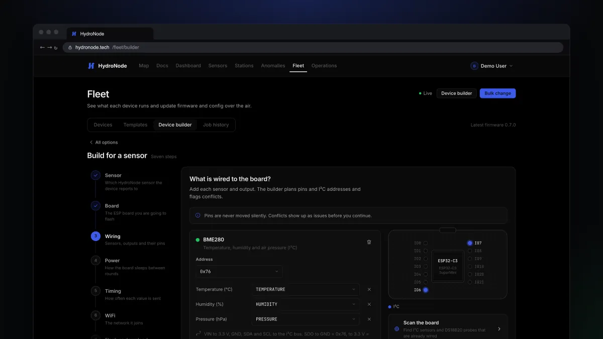 The HydroNode Device Builder start page with three ways to build a device