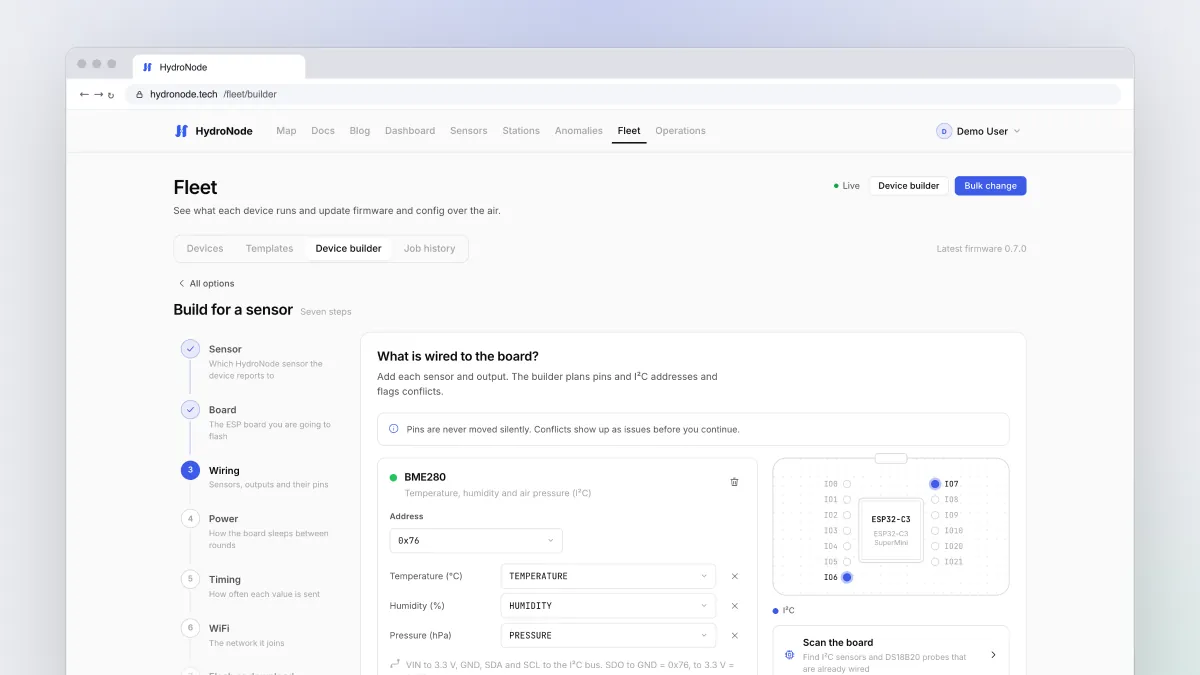 The HydroNode Device Builder start page with three ways to build a device