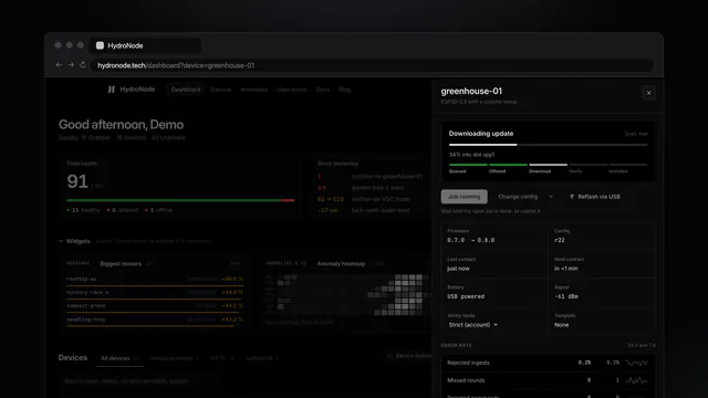 The HydroNode dashboard with the device details of a board that is downloading an update
