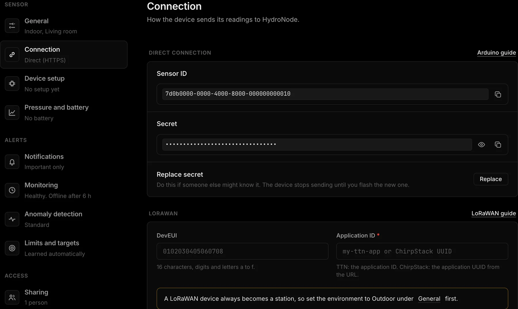 Connection settings of a sensor with the Sensor ID, a hidden Secret and Replace secret