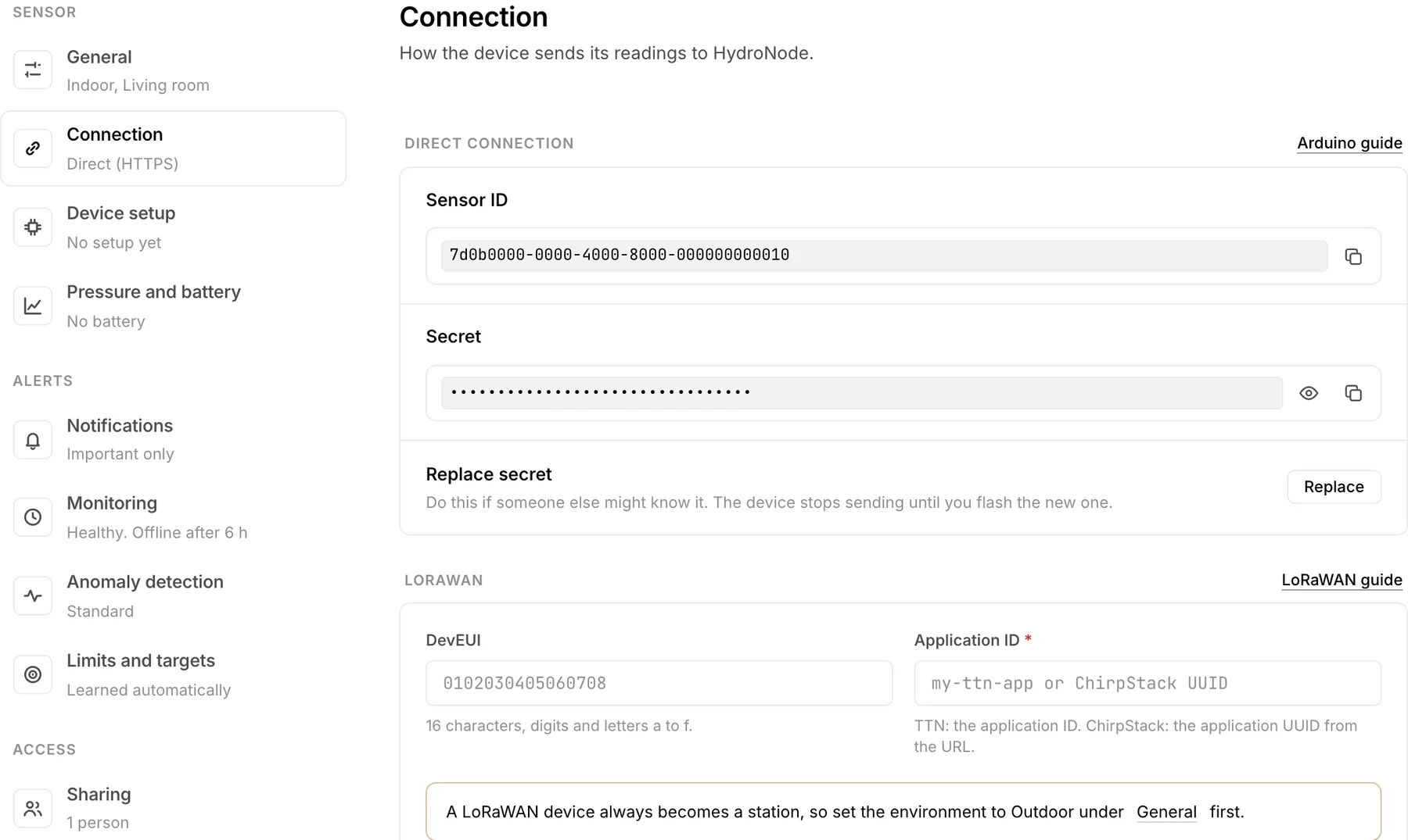 Connection settings of a sensor with the Sensor ID, a hidden Secret and Replace secret