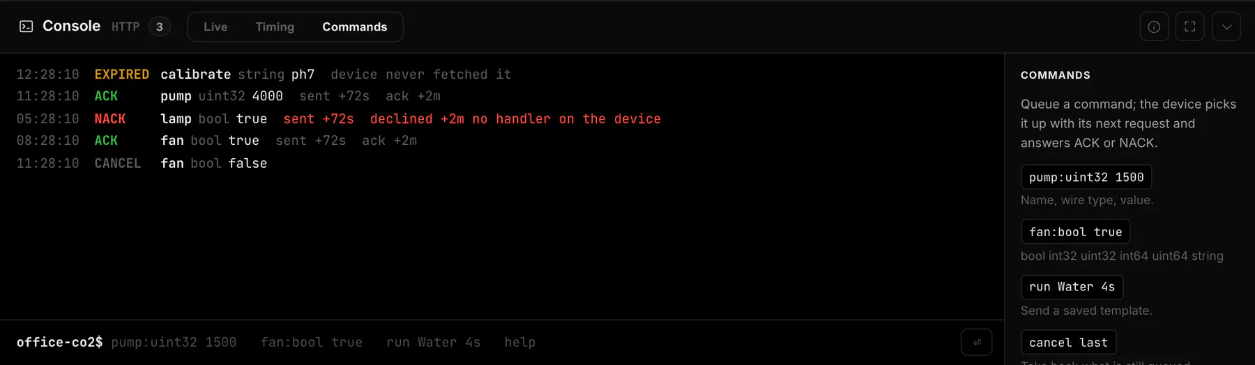The Commands tab of the device console with a prompt and sent commands