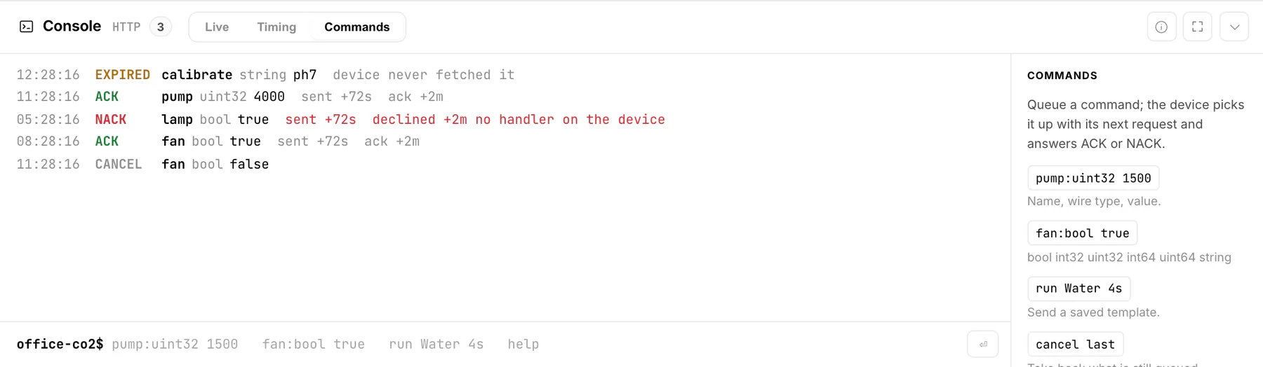 The Commands tab of the device console with a prompt and sent commands