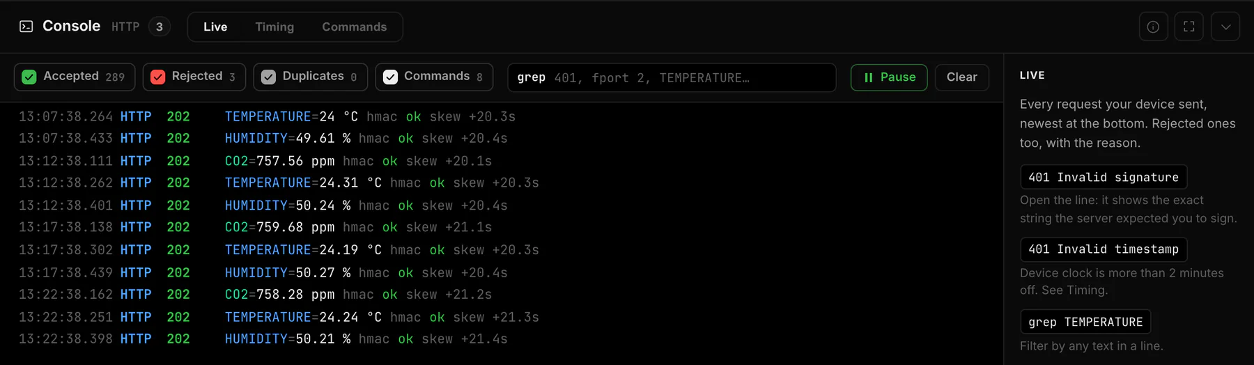 The Live tab of the device console with accepted HTTP requests, their values and signature check