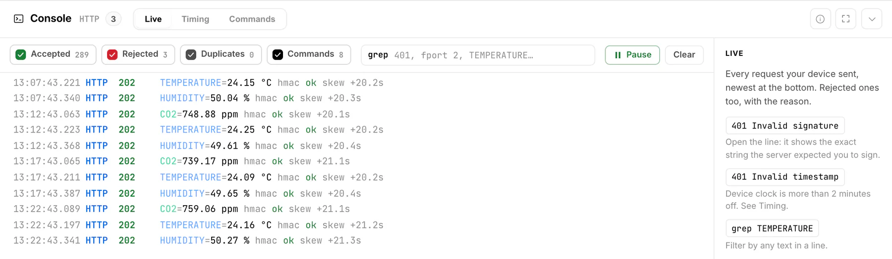 The Live tab of the device console with accepted HTTP requests, their values and signature check