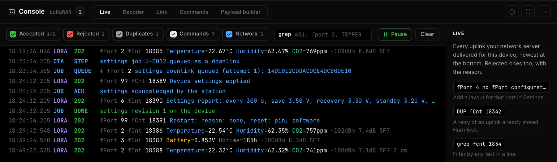 Live tab of the console for a LoRaWAN sensor with uplinks, their fPort, RSSI and SNR