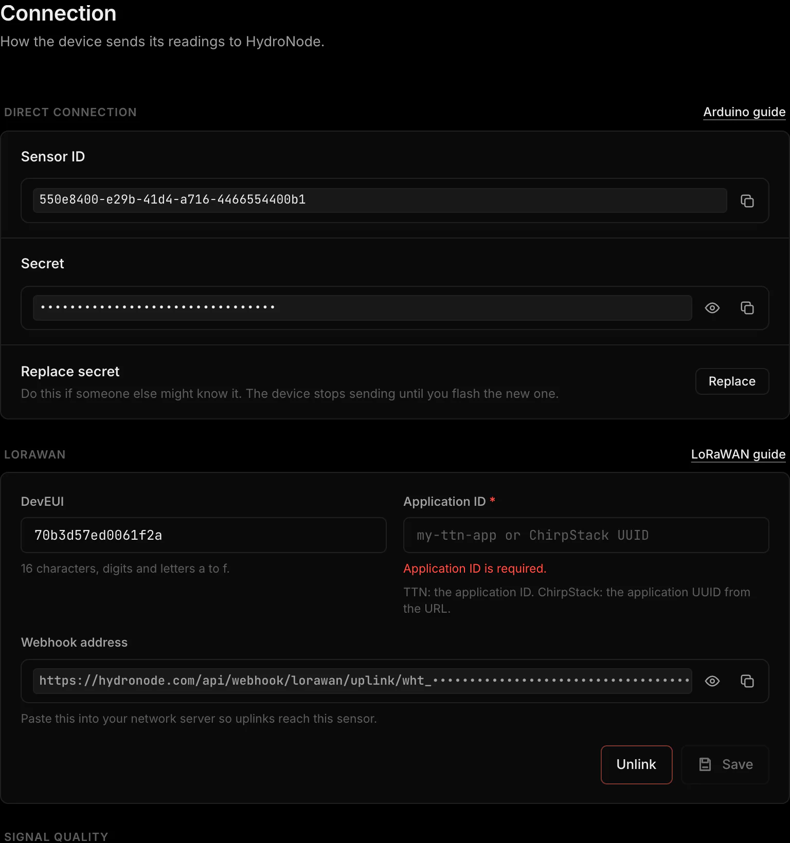 Connection settings of a LoRaWAN sensor with Direct connection, the LoRaWAN group with DevEUI, Application ID and Webhook address, and Record signal quality
