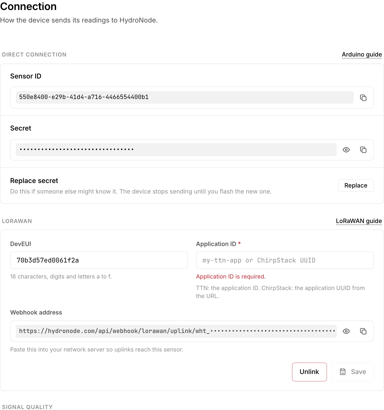 Connection settings of a LoRaWAN sensor with Direct connection, the LoRaWAN group with DevEUI, Application ID and Webhook address, and Record signal quality